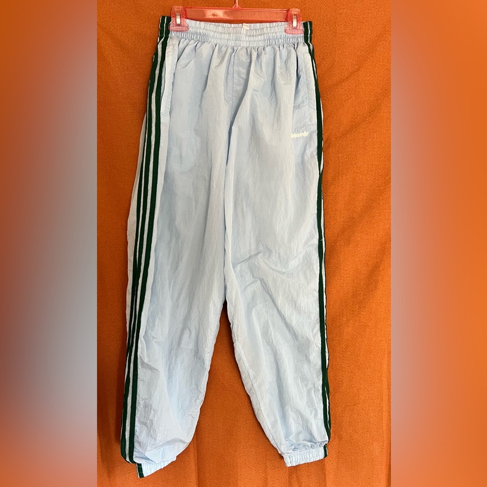 Adidas 80s Nylon Track Pants – Blue with Green Stripe, Women's Size S